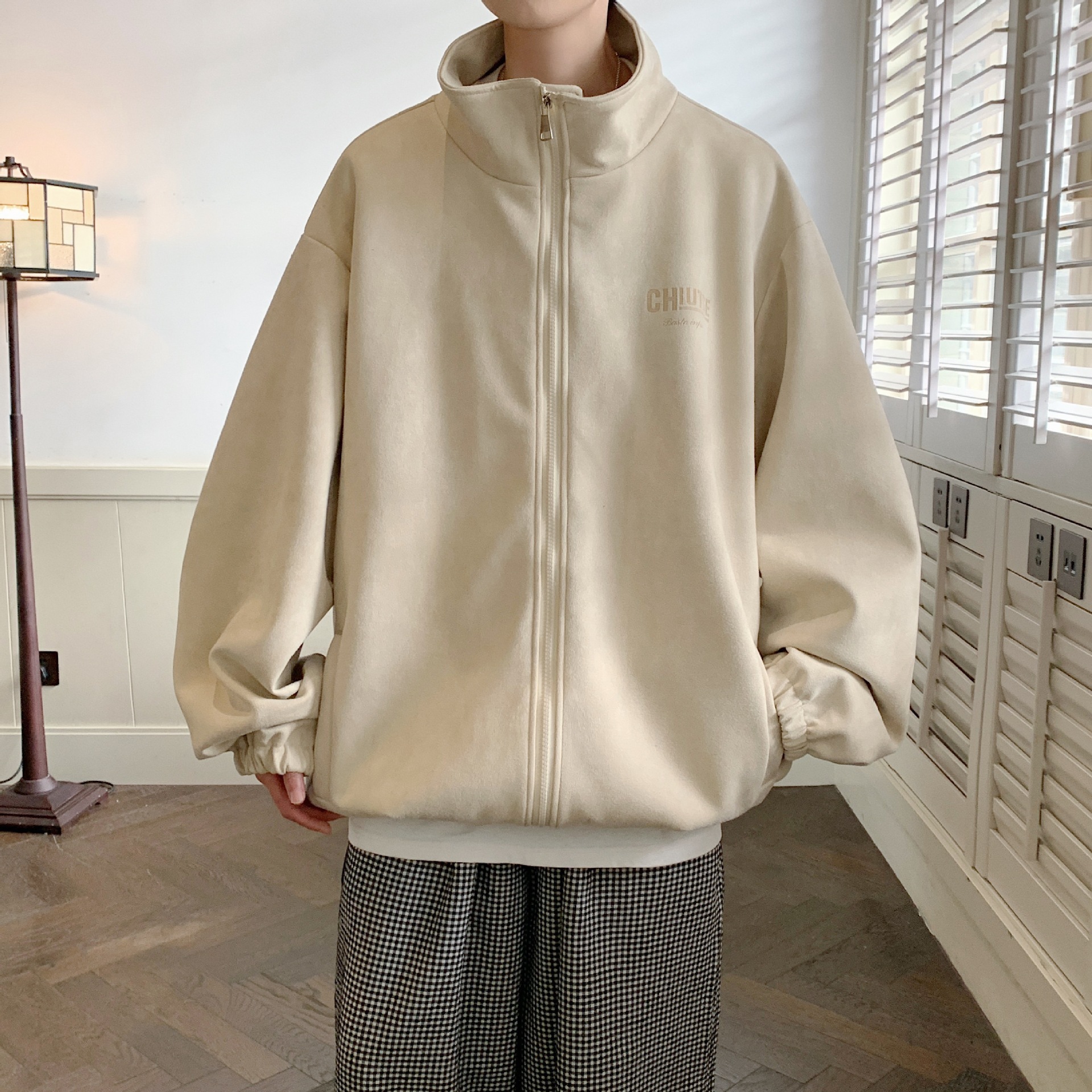American Heavy Deerskin Fleece Jacket Men's Loose Bomber Jacket Lapel Couple_voghion.com