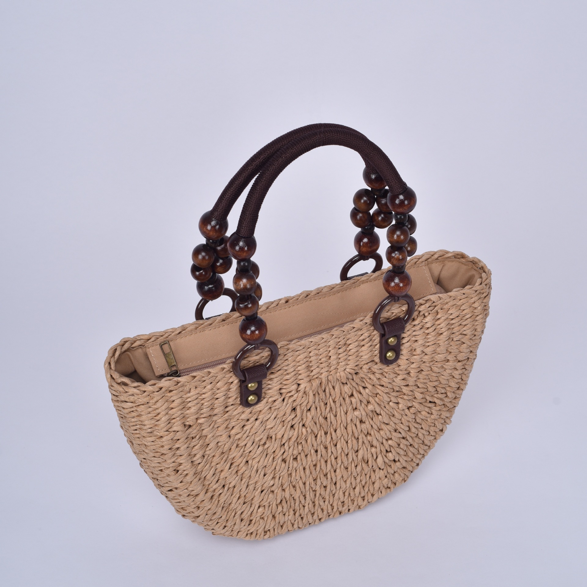 2024 nova palha artesanal tecido contas de madeira alça trançada semi-circular praia férias pastoral cross-border tote bolsa feminina_voghion.com