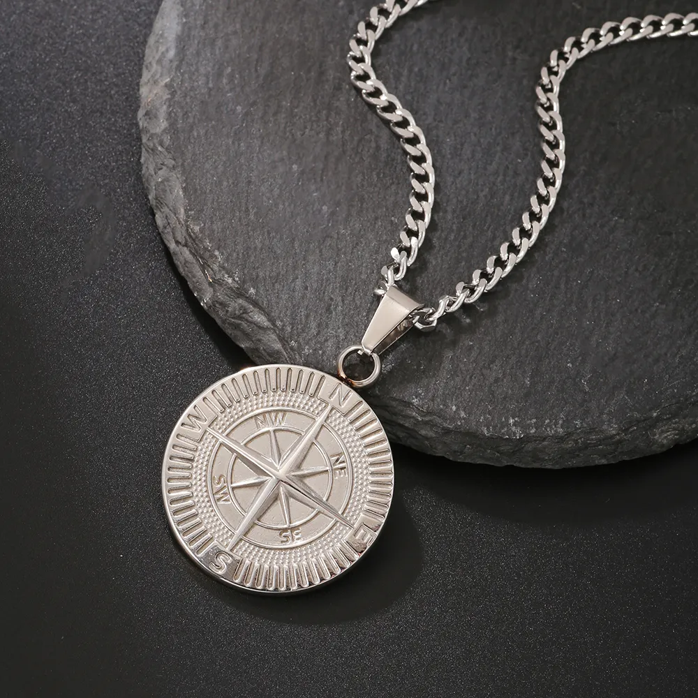 Colliers Hio Hop pour hommes en acier inoxydable avec pendentif boussole de voyage et voile, chaîne cubaine Figaro, collier décontracté_voghion.com