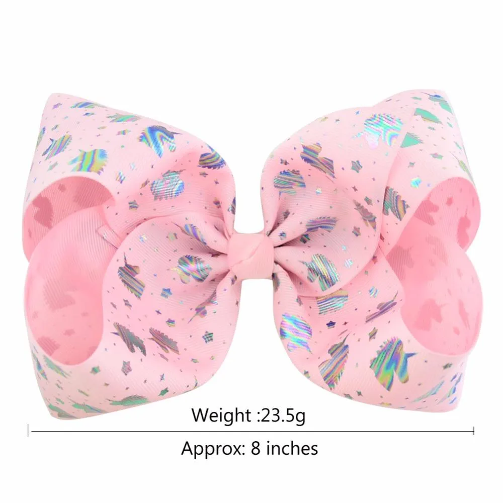 Lot de 8 nœuds en ruban gros-grain avec clip pour filles, grande taille de 20,3 cm, motif licorne, cœur, étoile, imprimé, accessoire pour cheveux fait à la main_voghion.com