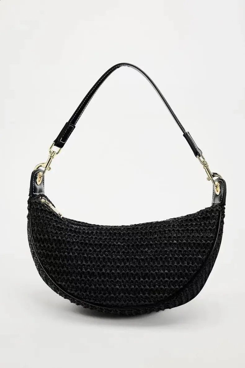Borsa a tracolla da viaggio a mezza luna in paglia intrecciata alla moda per donna, borsa a tracolla fatta a mano 240907_voghion.com