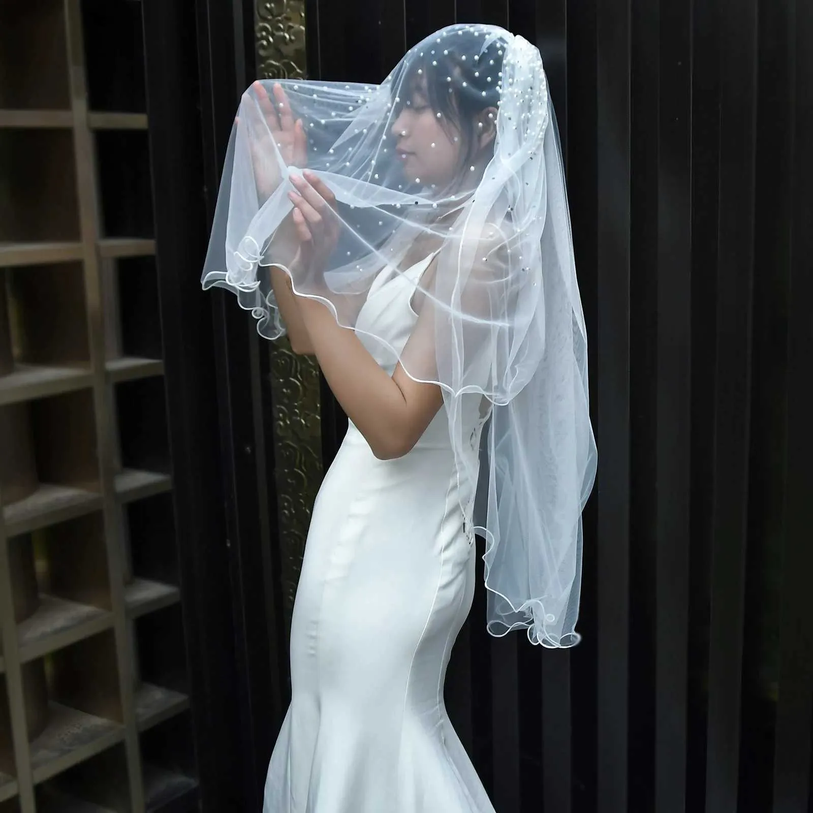 Hair Jewelry MZA32 2 Tier Veil With Blusher Pearls Bridal Veils Elbow Length Wave Pencil Edge Soft Wedding Accessories_voghion.com