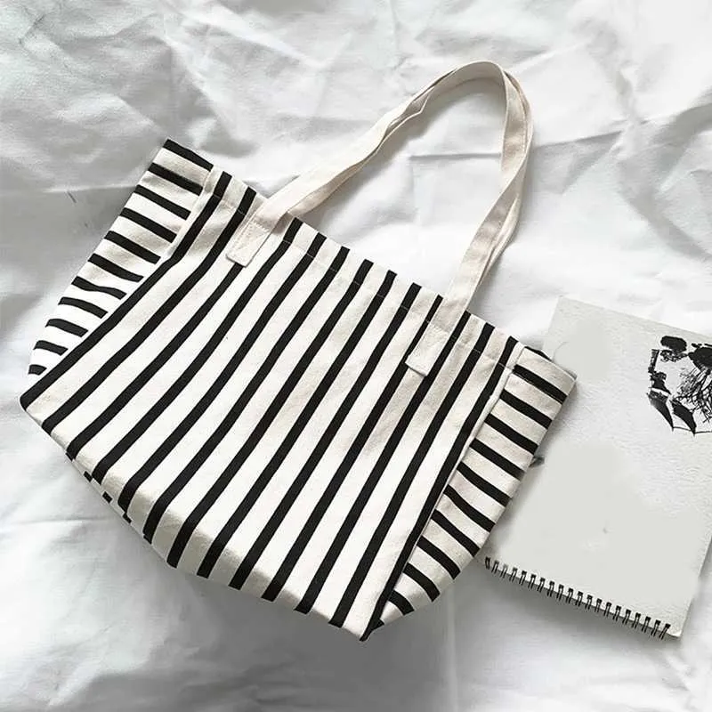 New Beach Handbag Fi Wen Canvas Summer Large Capacity Strip Shopping Bag Y241109_voghion.com
