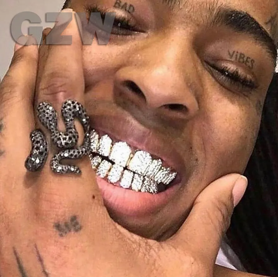 Echtes Gold Zähne Fang Grillz Punk Hip Hop Cubic Zirkon Iced Out Vampire Dental Mund Grills Zahnspangen Zahnkappe Rapper_voghion.com
