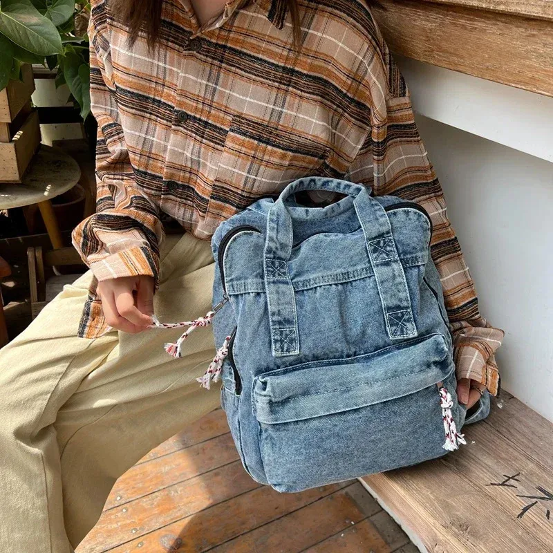 Retro Denim Womens Backpack Canvas Shoulders Bag College Knapsack Big Packbag Travel Rucksack Student Jeans Mochila Y2K_voghion.com