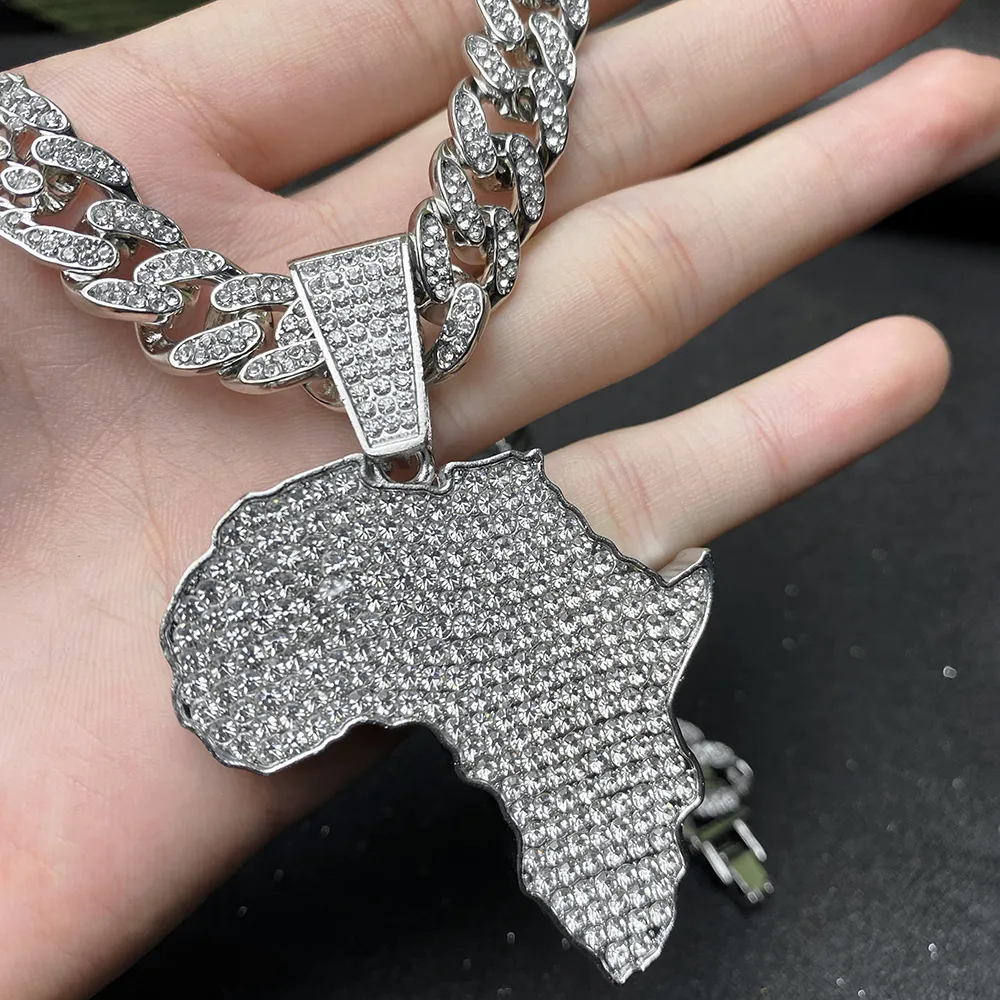 Mode Kristall Afrika Karte Anhänger Für Frauen Männer Hip Hop Zubehör Schmuck Halskette Choker Cuban k Kette Geschenk_voghion.com
