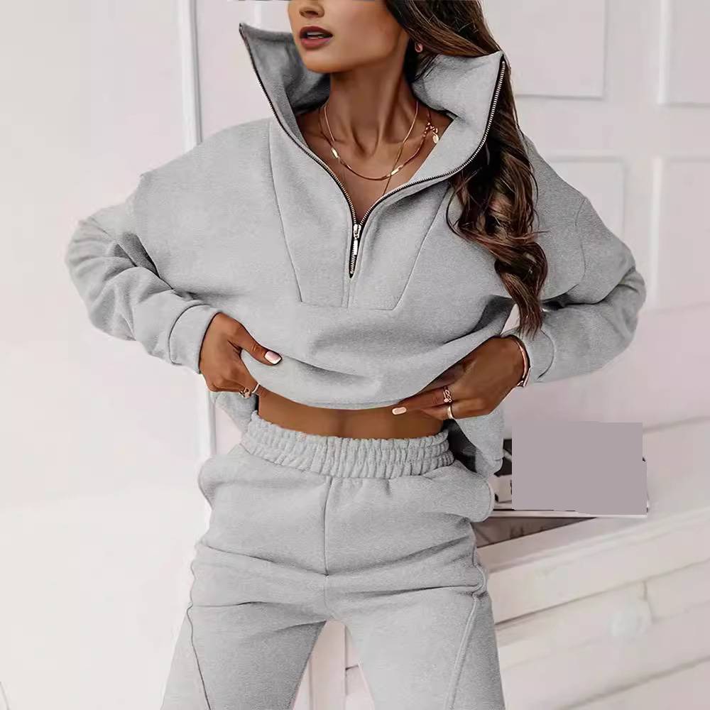 Damenbekleidung Mode Einfarbig Pendler Lässig Stehkragen Pullover Hose Set Zweiteiliges Set_voghion.com