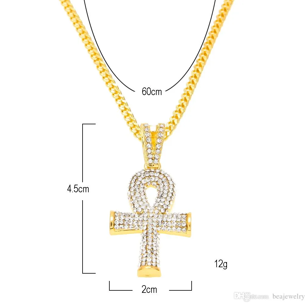 Neue Mode Ägyptischen Ankh Schlüssel des Lebens Bling Strass Kreuz mit Rot Rubin Anhänger Halskette Set Männer Hip Hop Schmuck Geschenk_voghion.com