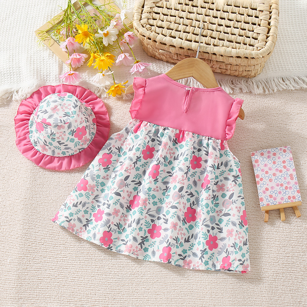 Neugeborenes Mädchen Kleid mit Blumenmuster im Urlaubsstil Kleid für Kinder mit Hut_voghion.com