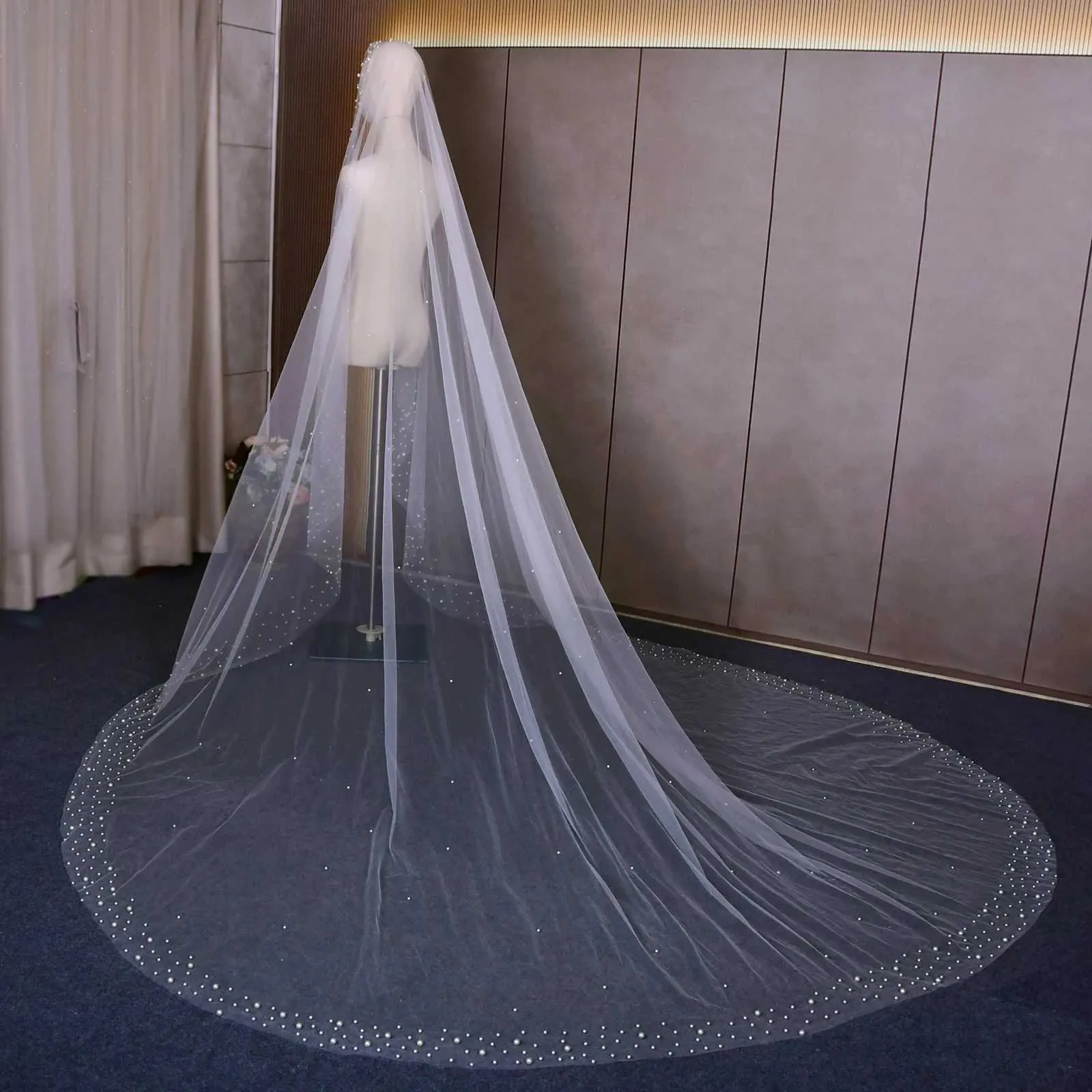 Gioielli per capelli V145 Velo da cattedrale extra lungo 3M Perle larghe Veli da sposa in rilievo con pettine Accessori da sposa Bianco Avorio_voghion.com
