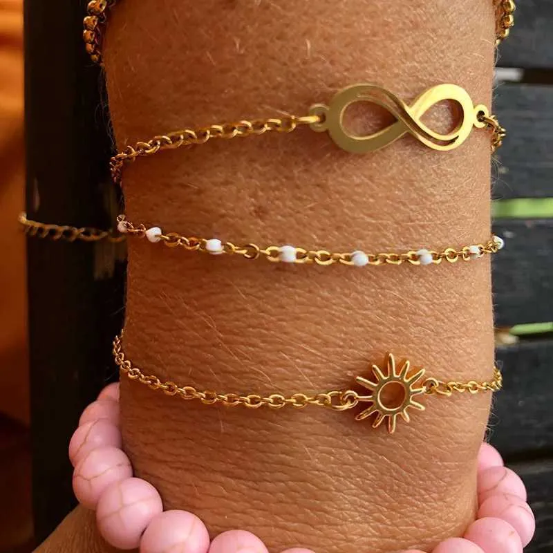 Bangle ICFTZWE Sun Hollow Bracelets For Women Stainless Steel Hand Chain Vintage Suower Anklet Boho Foot Jewelry Gift_voghion.com
