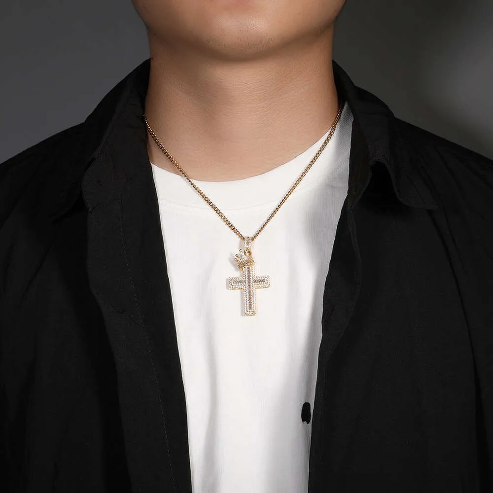 Krone kors anheng halskjede menn Hip Hop punk mote personlighet bred GRA moissanitt diamant gull sterling sier cubansk_voghion.com