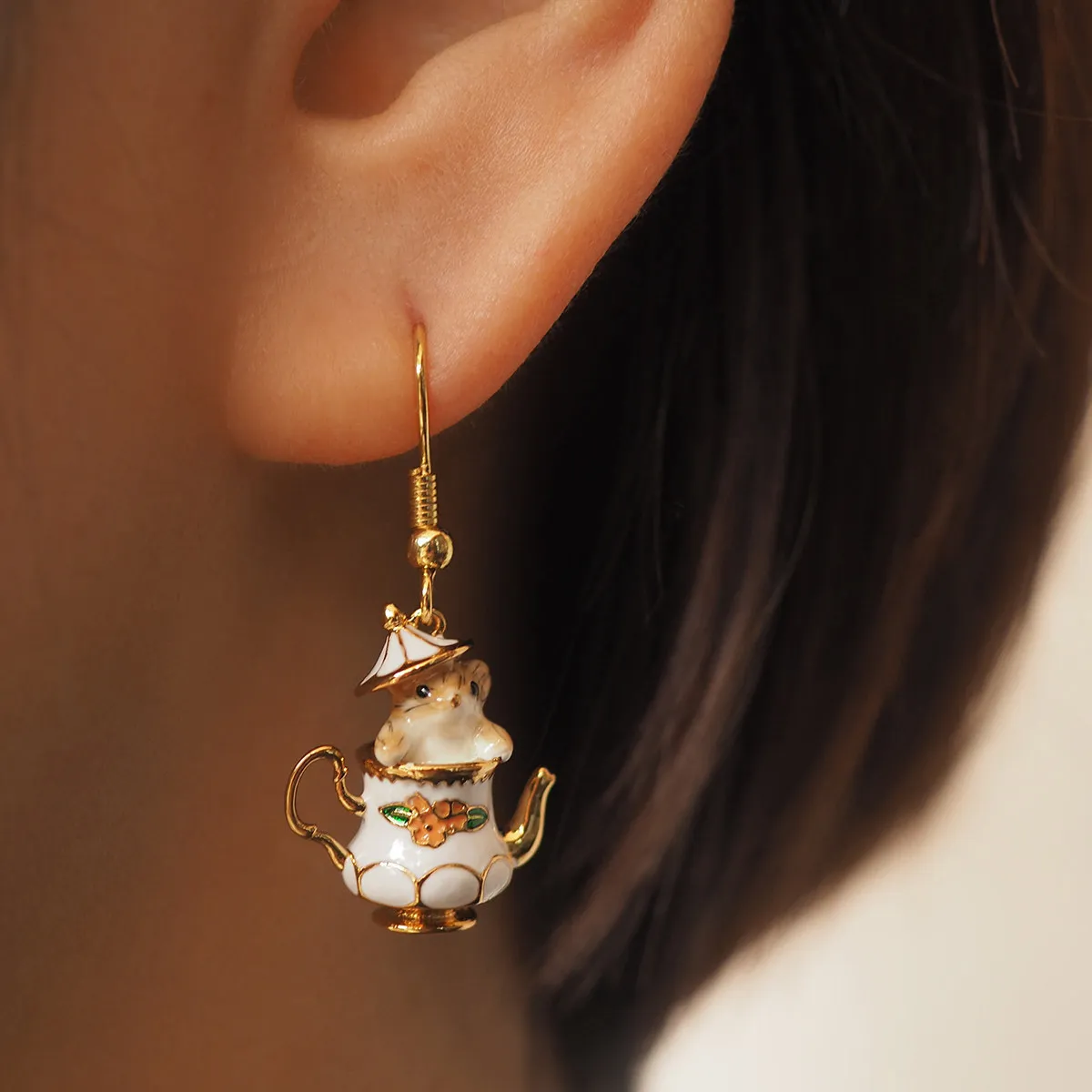 Lovely Cartoon Tea Cup Chipmunk Designer Earrings Necklaces Jewelry Set For Women Girls Cute Mouse Retro Vintage Gold_voghion.com