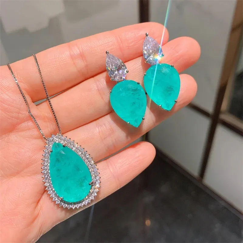 QXTC Vintage Paraiba Tormalina Gemstone Lab Diamanti Collana Orecchini Ciondoli Nozze Festa Pregiata Set di Gioielli_voghion.com