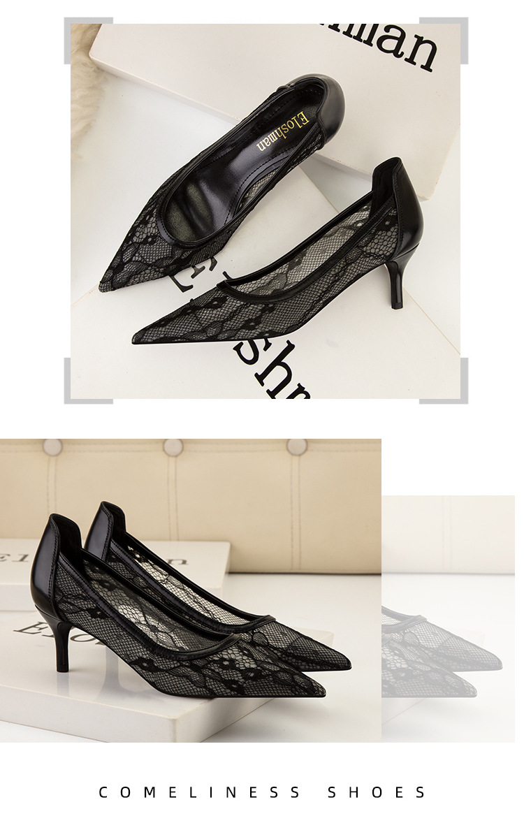 High heel thin heel shallow point flower embroidery lace mesh hollow sexy night club shoes_voghion.com
