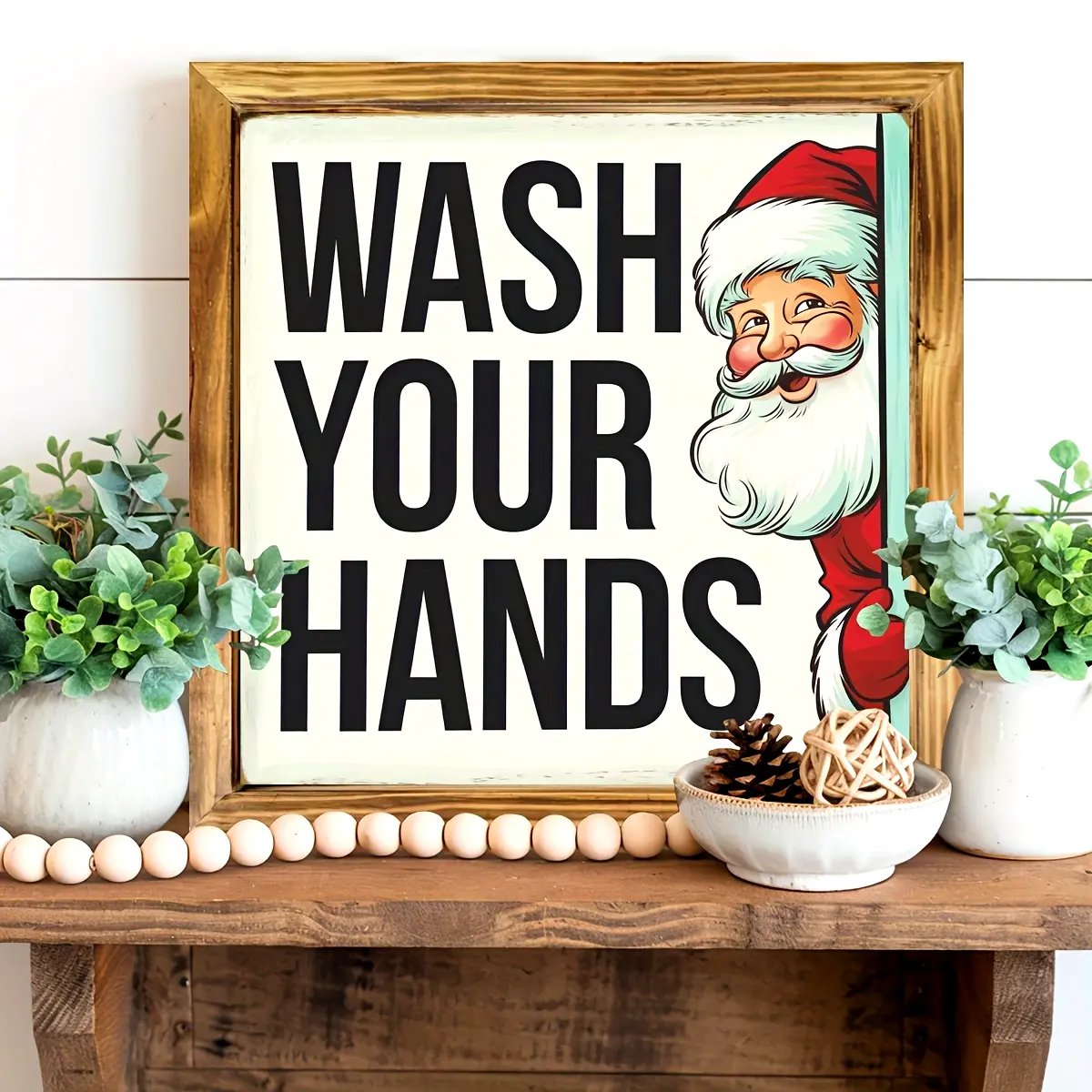 8x8" Vintage Weihnachtsmann "Wasch deine Hände" Holzschild - Rustikale Wandkunst für Küche, Bad & Büro | Einzigartiges Weihnachtsgeschenk_voghion.com