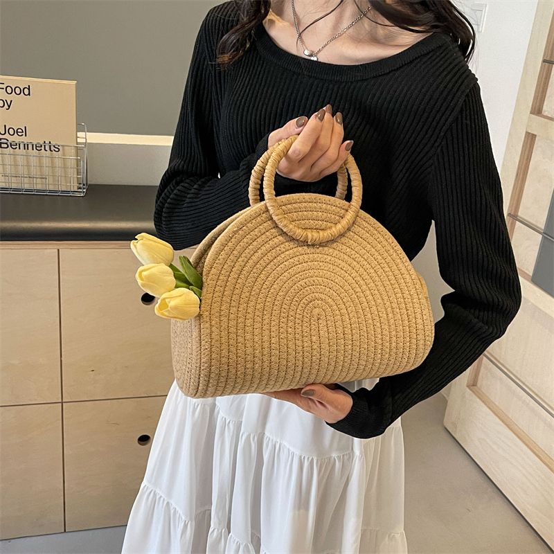 Women's Straw Solid Color Classic Style Weave Pillow Shape Open Beach Bag_voghion.com
