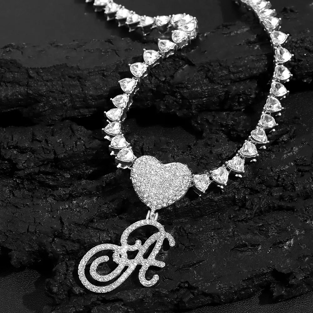 Ķēdes Modes Bling Bruģēts A-Z kursīvs Sākotnējais burts Sirds Tenisa kaklarota Sievietēm CZ Crystal Chain Hip Hop Rotaslietas_voghion.com