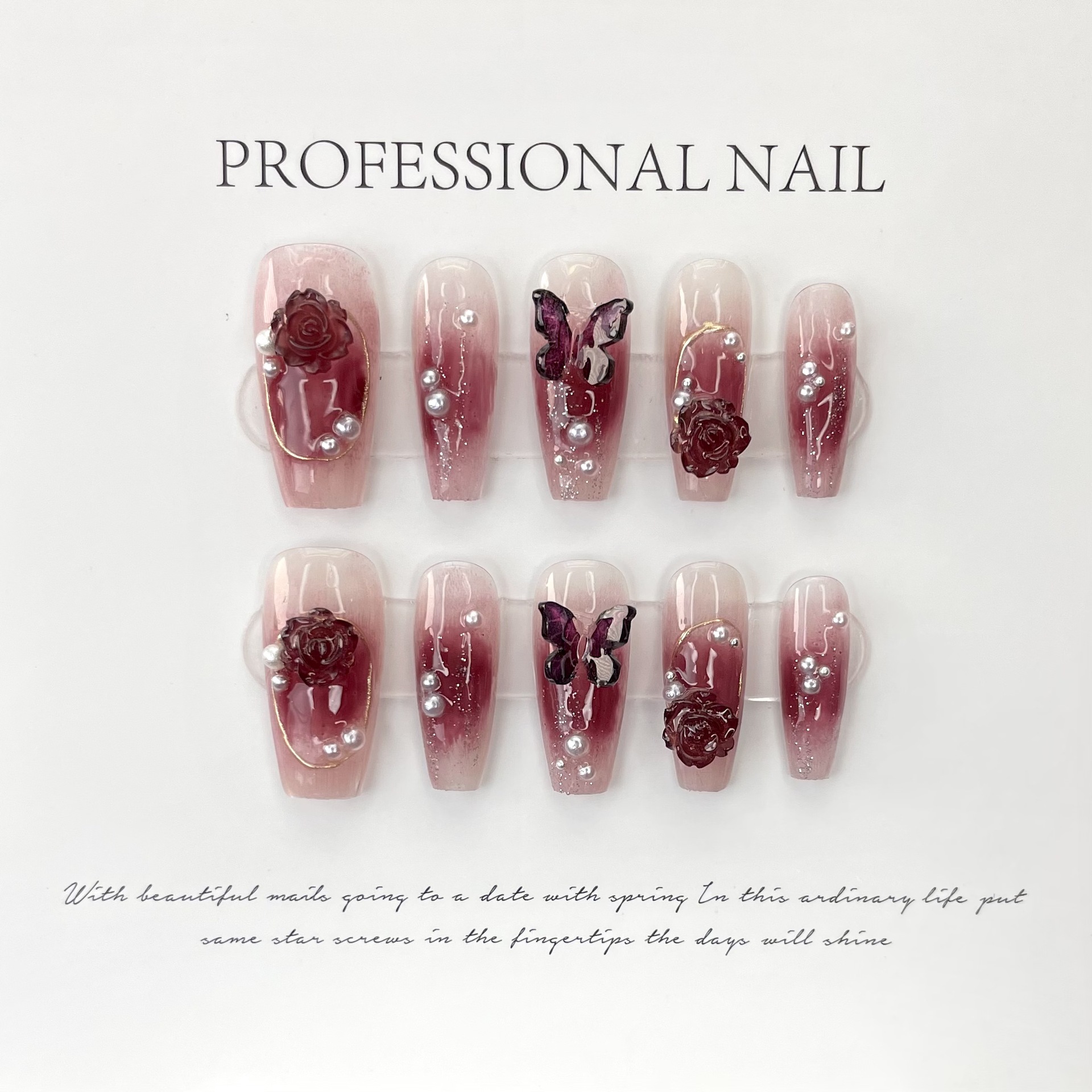 Handgemachte Nagelpflege mit Spicy Girl Weinrote Kamelie Schmetterling Künstliche Nägel Handgemachte Nagelpflege Patch Nagelaufhellung_voghion.com