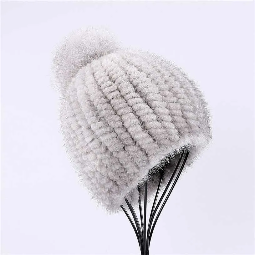 100% real mink fur hat women winter knitted beanie Russian Girls cap with pom poms thick female Elastic 211228_voghion.com