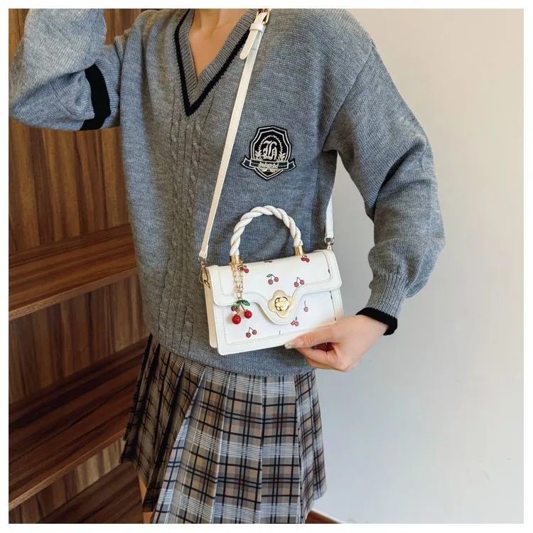 Borsa a tracolla alla moda - Piccola borsa quadrata con stampa di ciliegie e fresco contrasto di colori, leggera per l'uso quotidiano_voghion.com