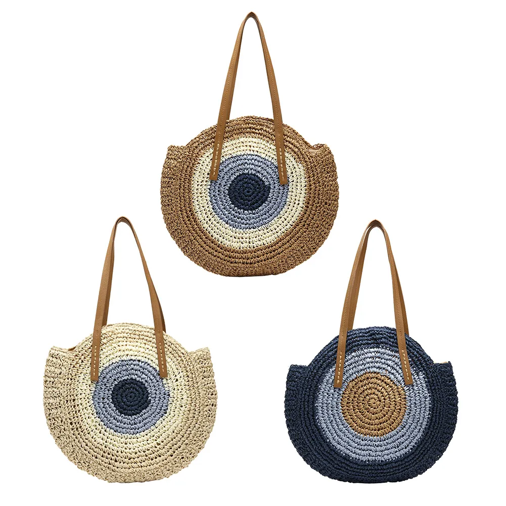 Borsa a tracolla rotonda estiva da donna in rattan intrecciato, in paglia, fatta a mano, da spiaggia, per la spesa, con manico superiore_voghion.com