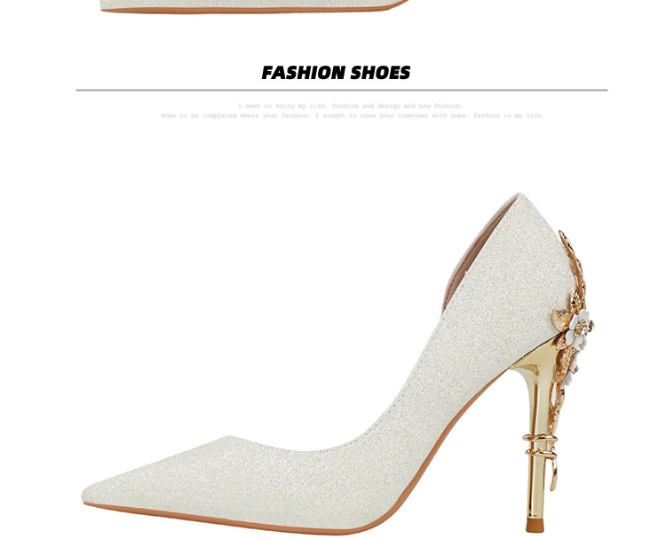Women's Shoes Light Luxury Sexy Women's Shoes Metal Flower Stiletto High Heel Side Hollow Wedding Shoes Pointed Gold Powder Single Shoes_voghion.com