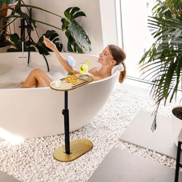 Bamboo Bathtub Tray Table Bath Side Table With Metal Base Adjustable Height, Portable Freestanding Caddy Tray Tub Shelf For Luxury Bath Home Spa Nat_voghion.com