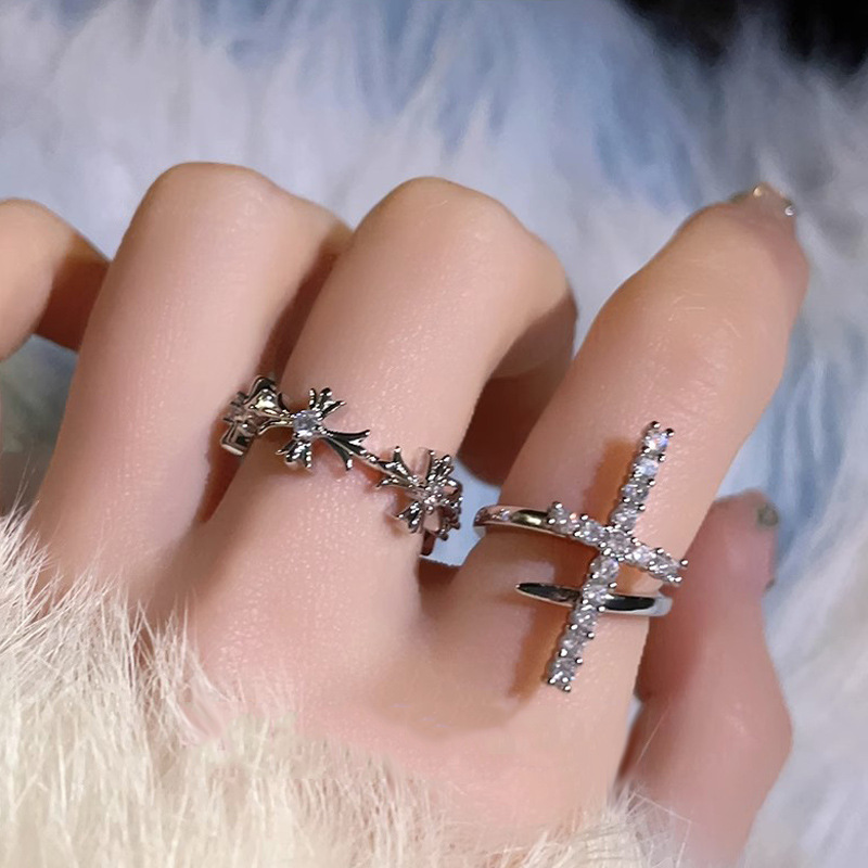 French Gentle Zircon Cross Open for Women with Cold and Elegant Temperament, High Grade Sense Ring, Personalized Index_voghion.com