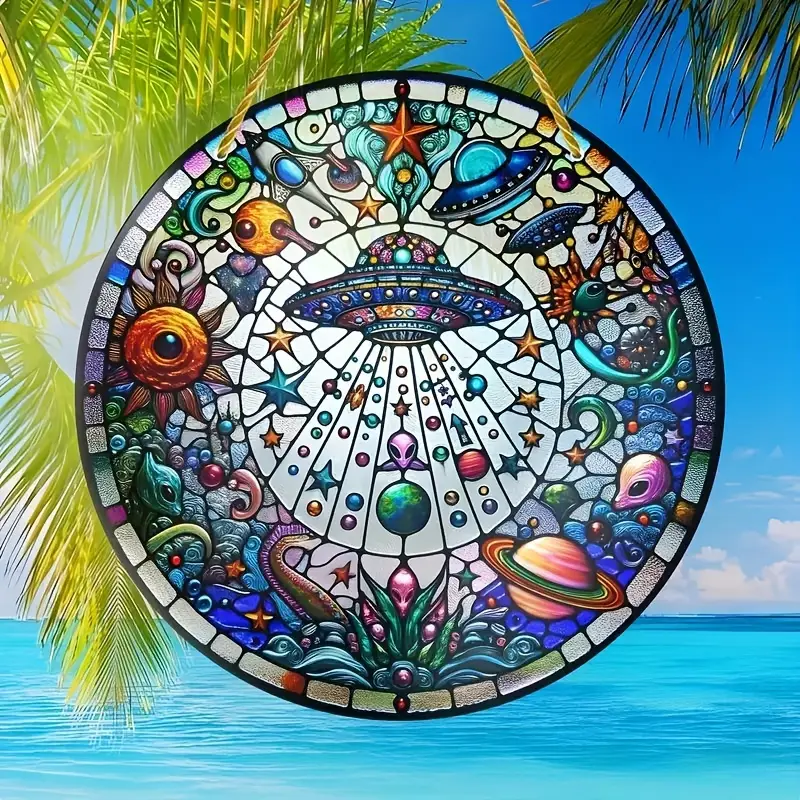 8x8in UFO & Alien Suncatcher - Whimsical Acrylic Wall Art For Home & Office - Unique Sci-Fi Gift For Indoor/Outdoor Decor_voghion.com