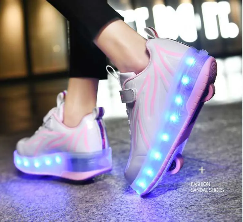 Kinderen One Two Wheels lichtgevende sneakers goudroze lichtgevende rolschaatsen kinderen led schoenen jongens meisjes USB-oplaadbaar_voghion.com