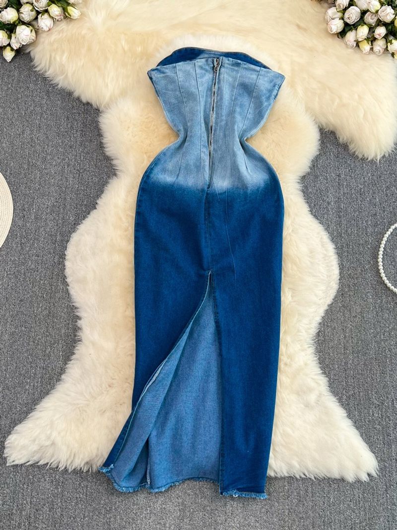 Women's color-changing tube top waist slimming mid-length back slit denim hip-hing dress_voghion.com
