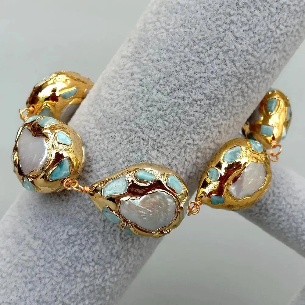 Pulsera de perlas y larimar chapada en oro para mujer_voghion.com