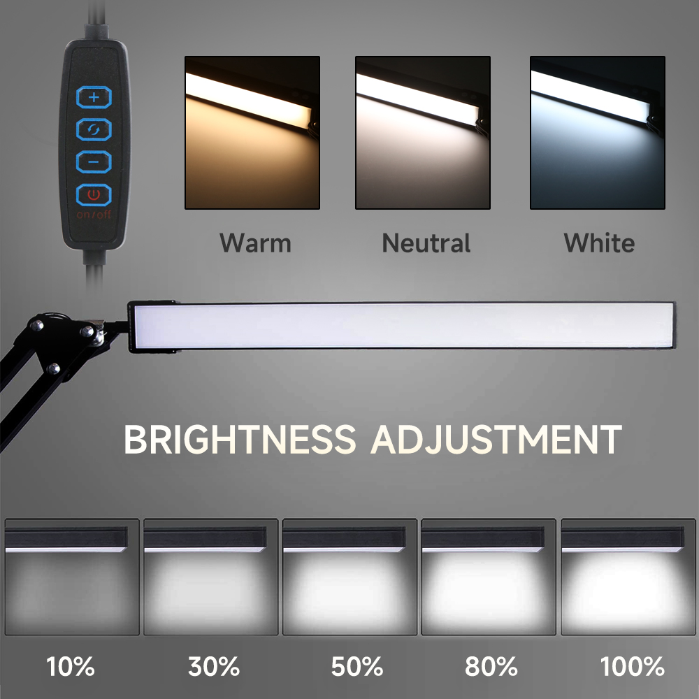 LED Folding clip long arm table lamp Eye-Care 3 Light colors Dimmable study Reading Desk Lights Swing Arm office Table Lamps_voghion.com