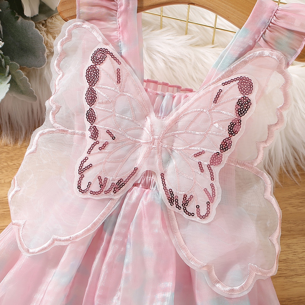 Baby Girl Pink Chiffon Dress Butterfly Wings Princess Dress Kids Birthday Party Dress_voghion.com