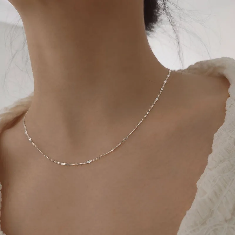 Chains S Sterling Sier Sparkling Sequin Necklace Simple And Versatile Japanese Korean Minimalist Short Plain Chain_voghion.com
