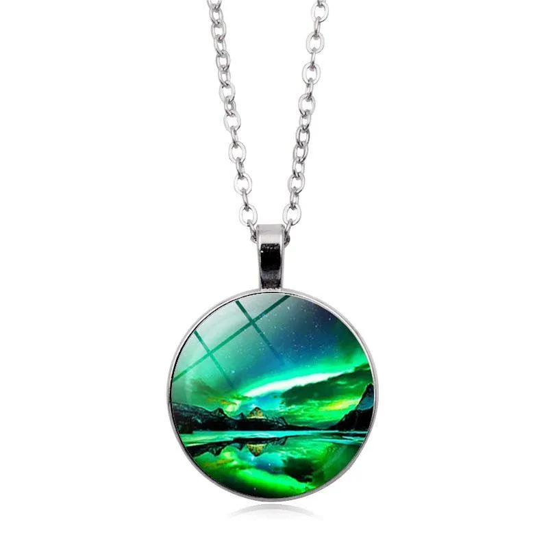 Collier avec pendentif cabochon en verre aurore boréale verte pour femmes et filles, meilleur cadeau de festival_voghion.com