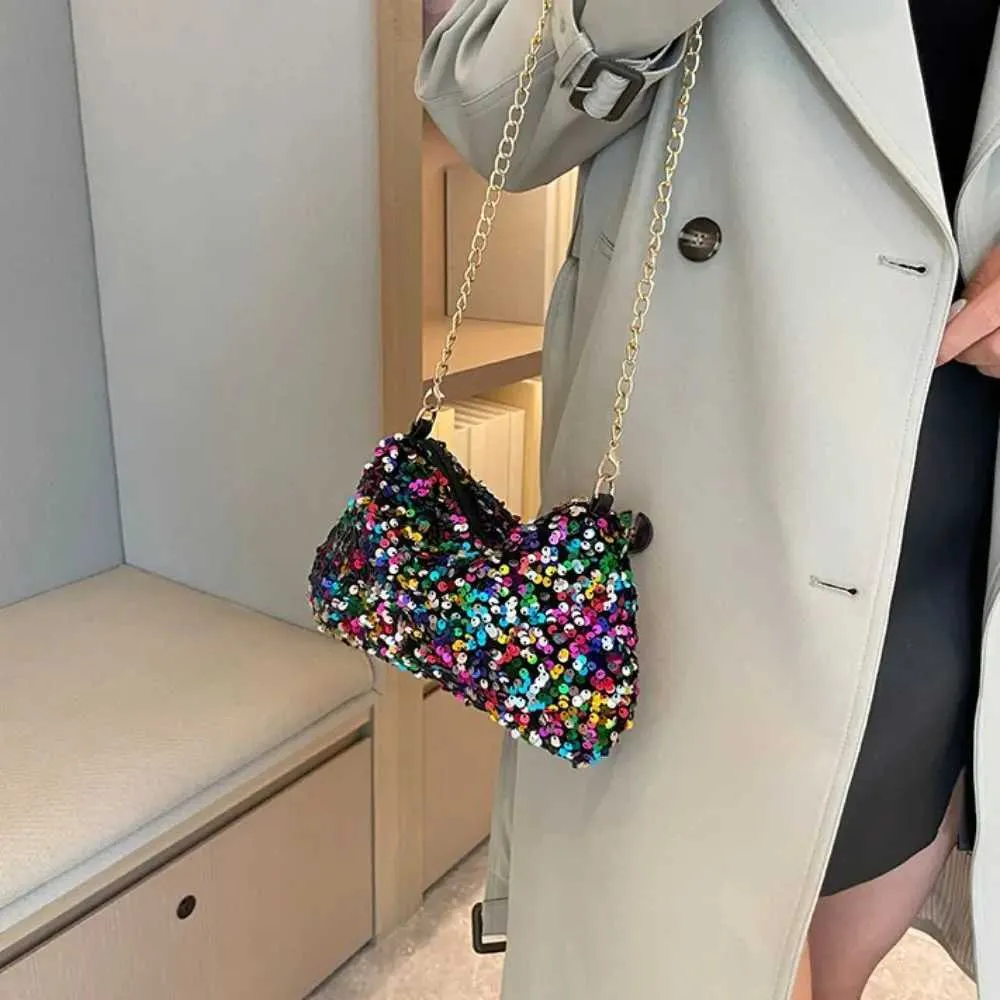 Chain cross body solid color Korean sequin shoulder bag mobile wallet Y241019_voghion.com