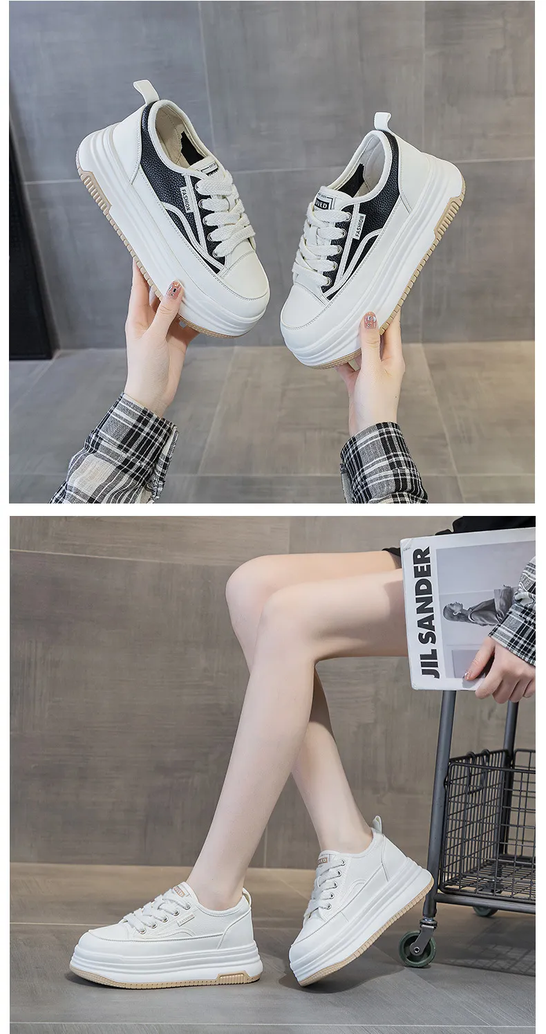 Genuine Leather Thick Sole Round Toe Raised Small White Casual Comfortable Trendy And Versatile Women Board Shoes_voghion.com