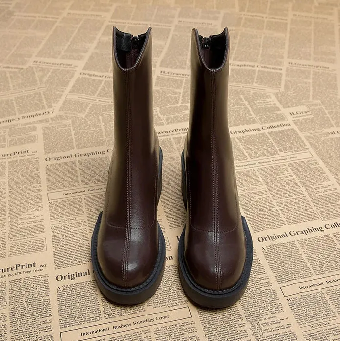 High ankle work very high heels brown short and chubby platform womens waterproof boots black Pu 240911_voghion.com
