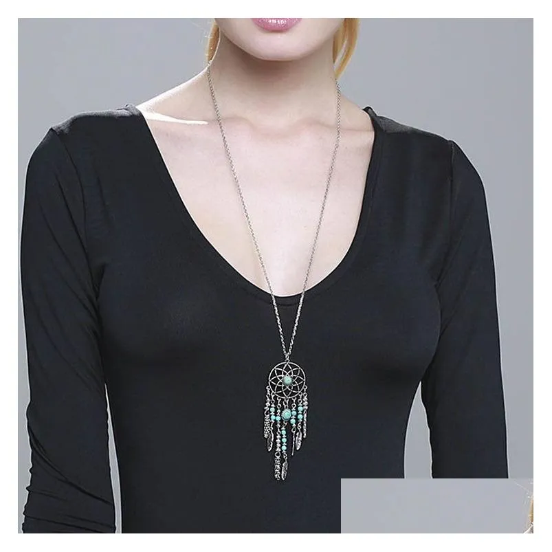 Collane acchiappasogni, ciondolo turchese acchiappasogni, collana a catena lunga, gioielli Bohemia Drop Delivery Nec Dhor3_voghion.com