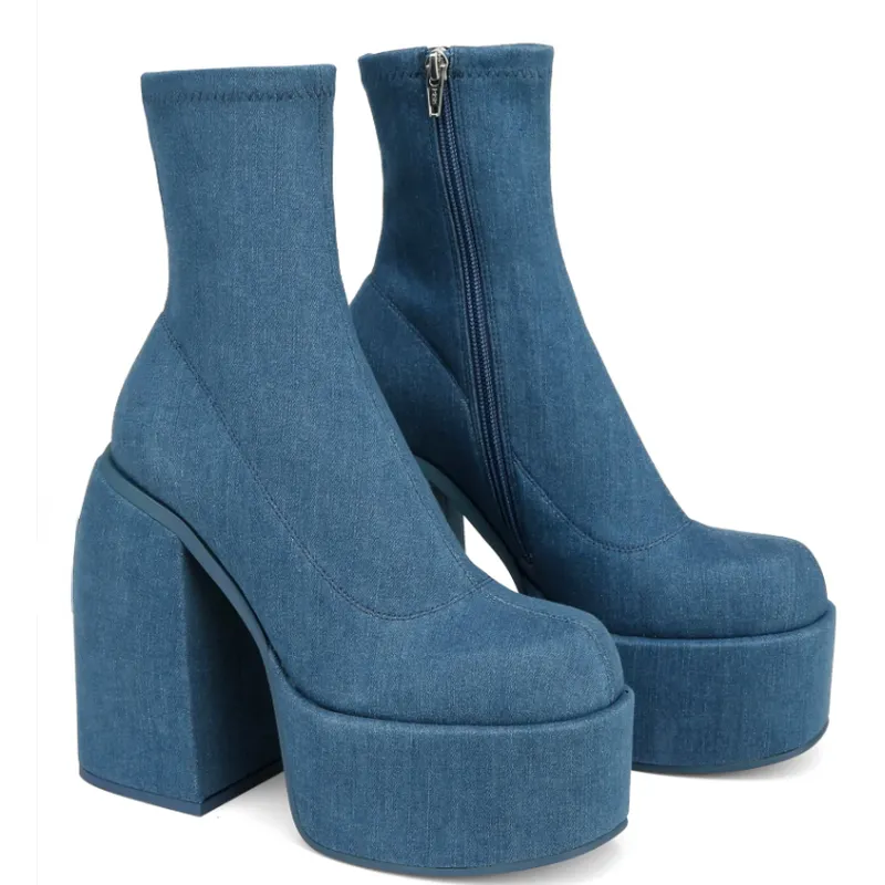 Bottines de créateur pour femme de marque, plateforme épaisse, bottes de cowboy bleues, chaussures solides en PU pour femmes, nouvelles chaussures sexy à talons hauts de 10 cm_voghion.com