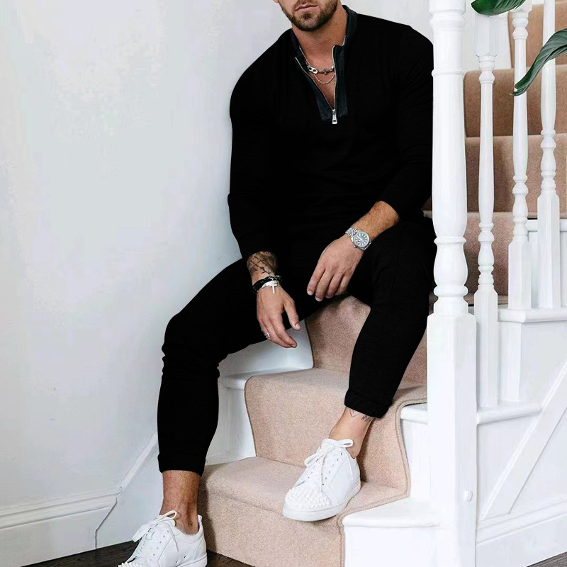 Men's Spring and Autumn 2024 Waffle Trouser Sweater Spliced Stand up Neck Zipper Sports Set_voghion.com