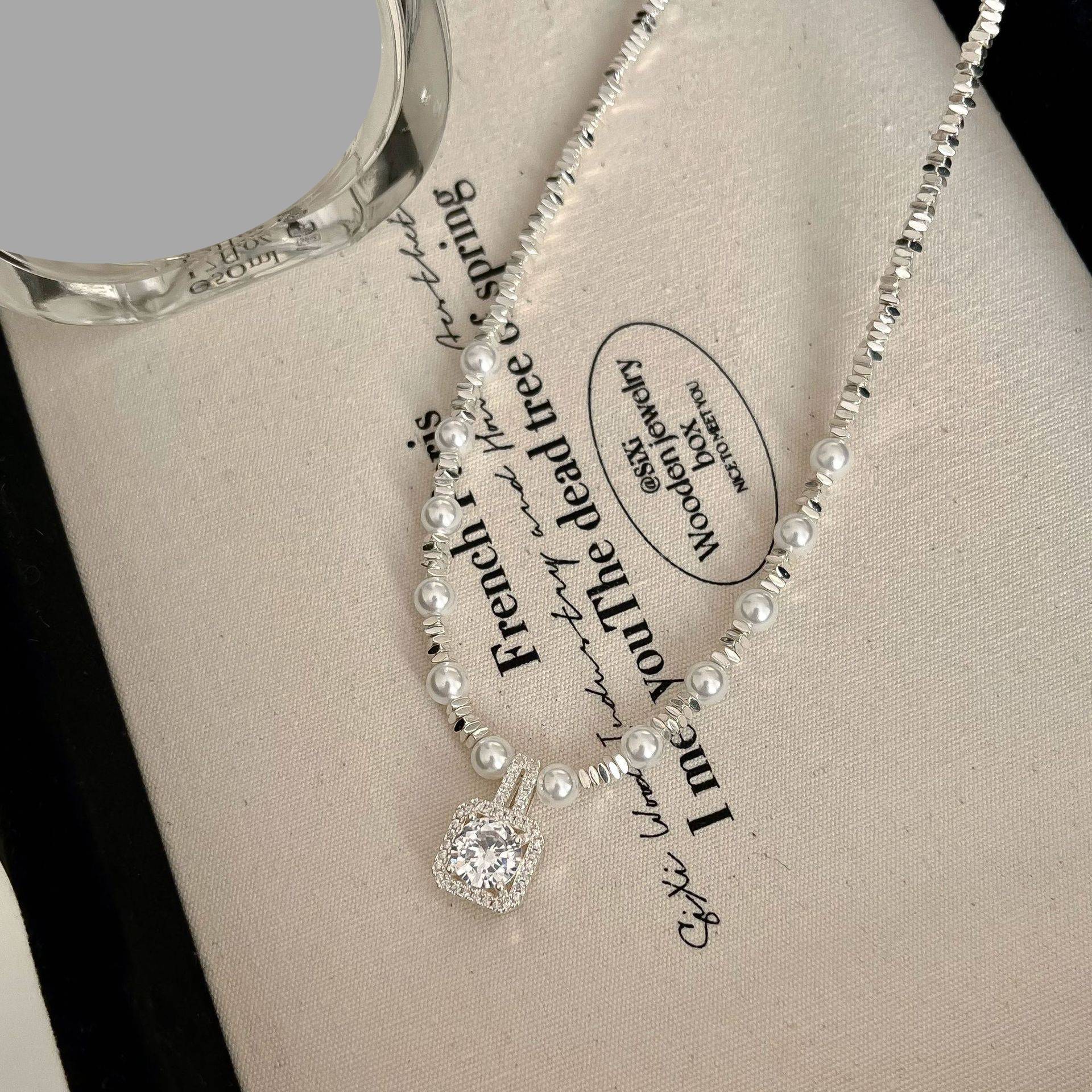 Sugar Cube Pearl Silver Pendant Necklace Elegant Clavicle Chain_voghion.com