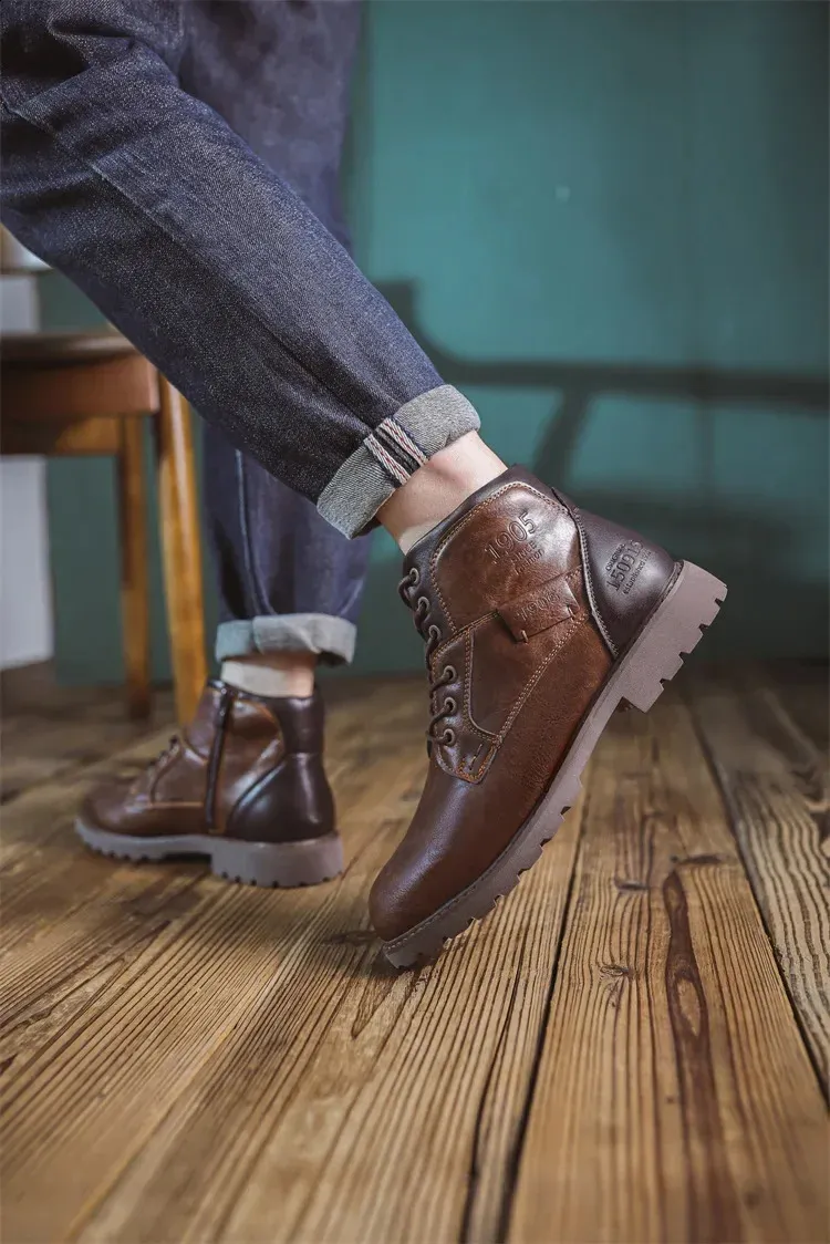 Bottines de travail en cuir marron pour homme, faites à la main, pour l'automne et l'hiver, style vintage, en tendon de bœuf, 240830_voghion.com