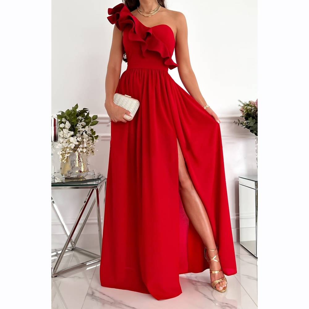 Robe fendue à col oblique pour femmes, couleur unie, à la mode, en maille, taille haute, fendue