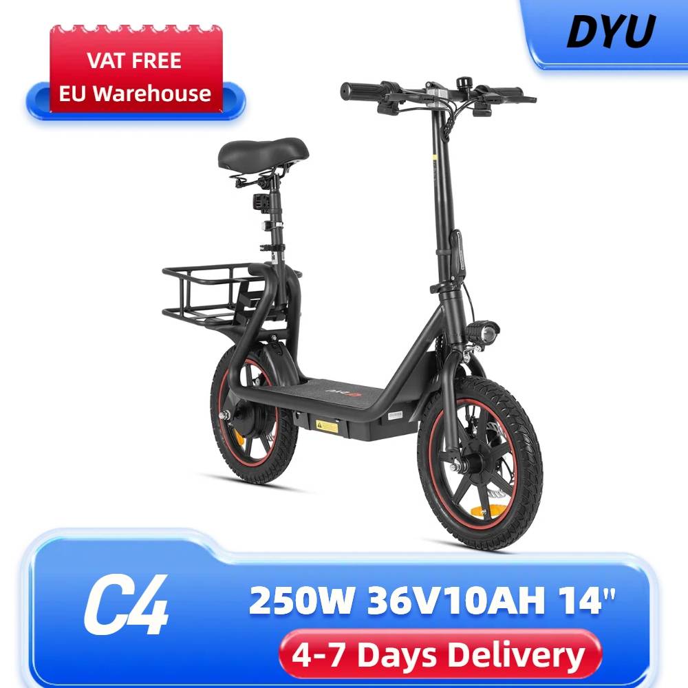 Trottinette électrique DYU C4 avec siège 250 W, trottinette électrique pliable de 14 pouces avec batterie 36 V 10 Ah, panier de grande capacité
