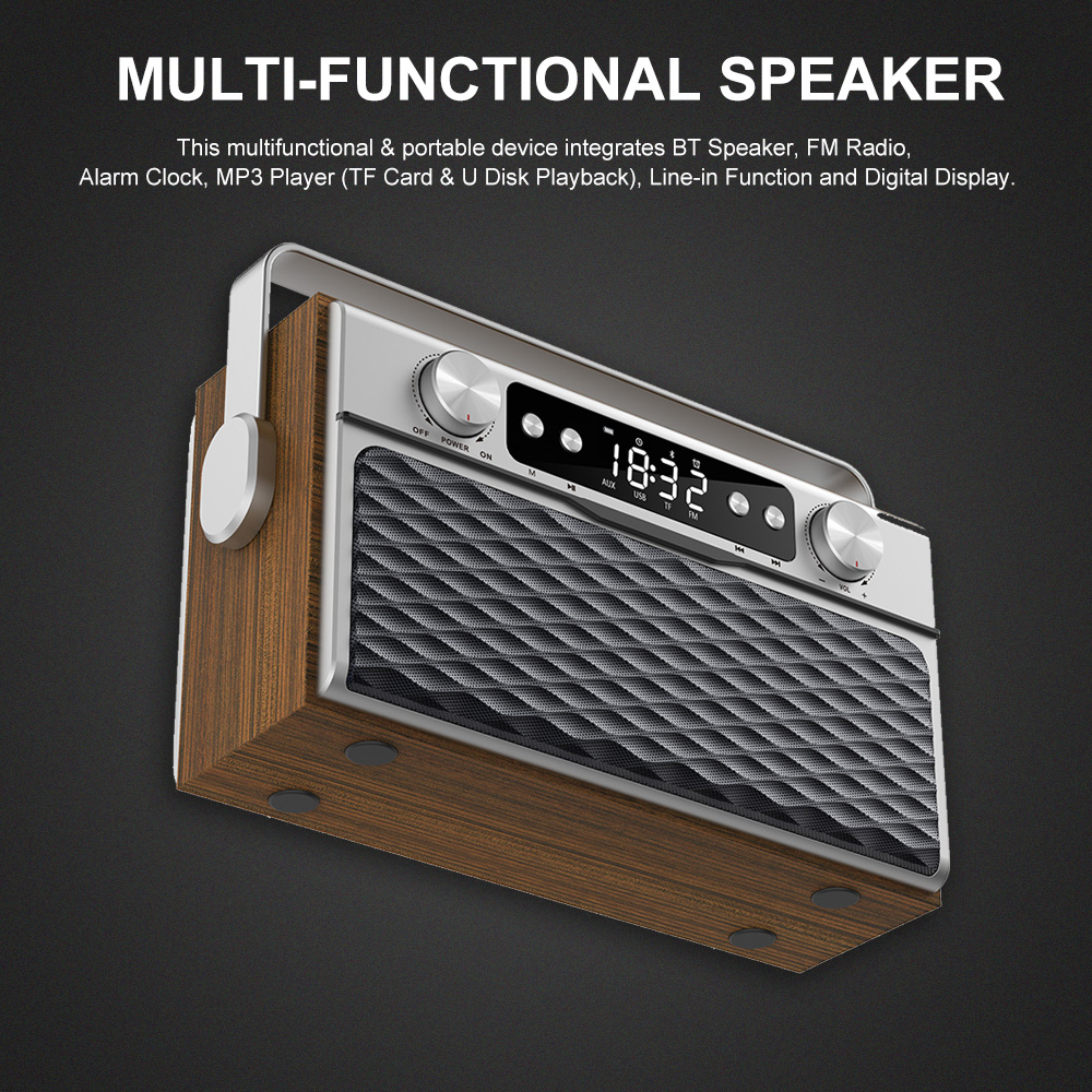 Bärbar trådlös Bluetooth-högtalare i trä, Caixa De Som, 20W, väckarklocka, FM-radio, stöd för TF-kort, U-disk, kabel_voghion.com