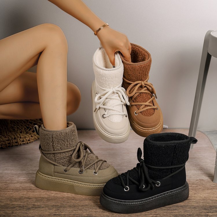 Chaussures pour femmes grande taille bottes de neige à semelle épaisse et sangles croisées automne et hiver nouvelles bottes mi-longues épaisses et chaudes pour femmes
