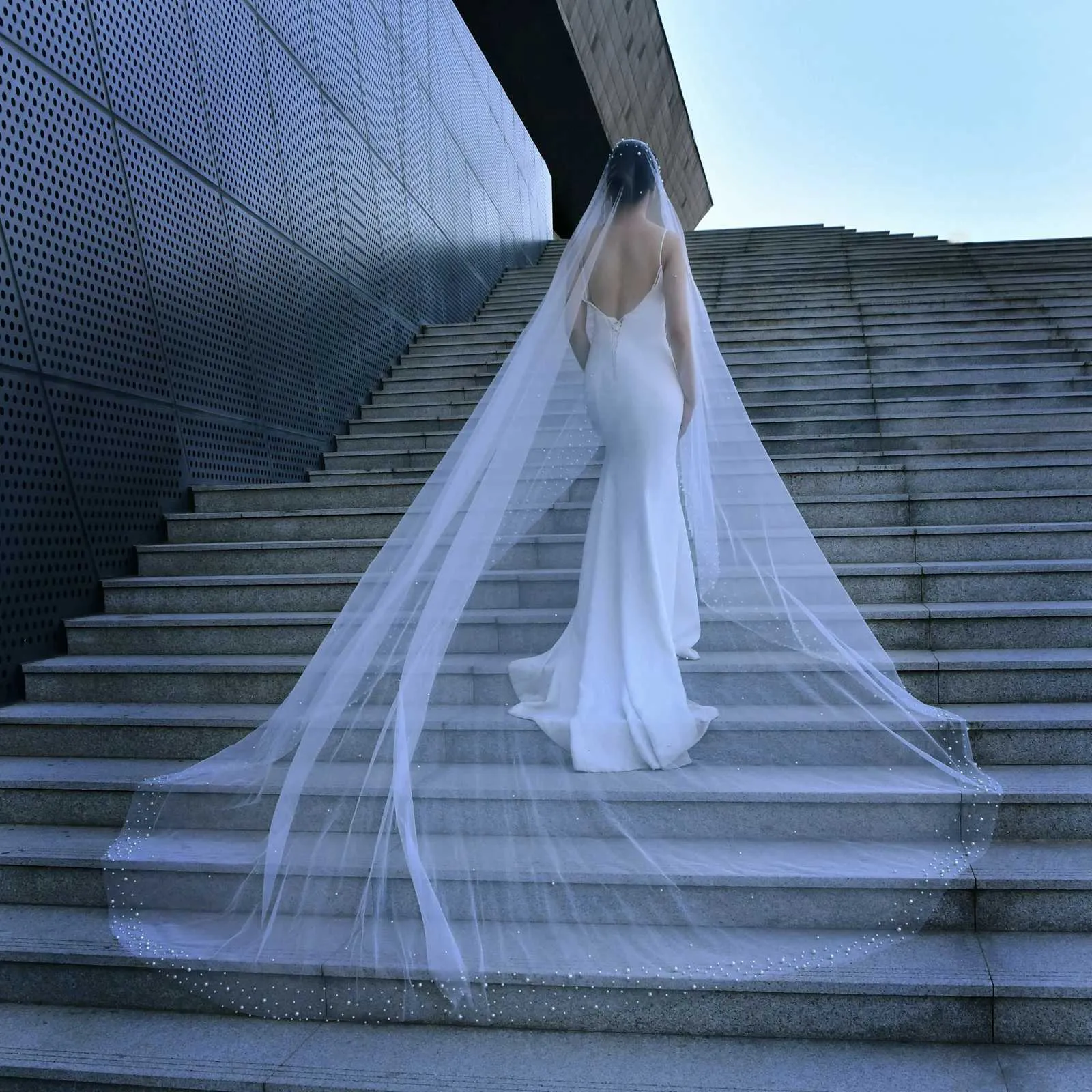 Gioielli per capelli V145 Velo da cattedrale extra lungo 3M Perle larghe Veli da sposa in rilievo con pettine Accessori da sposa Bianco Avorio_voghion.com